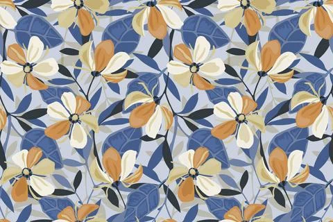 Vector floral seamless pattern. Beige and orange flowers, blue leaves on a... Foto stock