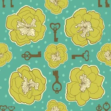 Vector floral seamless pattern with blooming flowers and keys. Stock Illustration