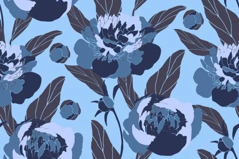 Vector floral seamless pattern. Blue peonies, buds, brown leaves. Stock Illustration