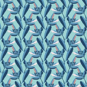 Vector floral seamless pattern. Blue stems, flowers and leaves. Stock Illustration