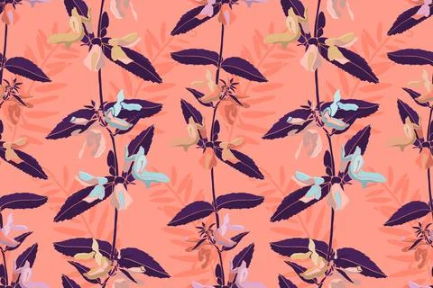 Vector floral seamless pattern. Blue, pink and coral colored flowers with purple Stock Illustration