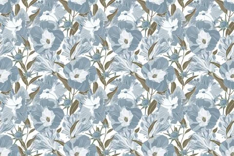 Vector floral seamless pattern. Blue flowers and petals of bindweed with olive Stock Illustration
