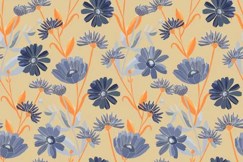 Vector floral seamless pattern. Blue flowers isolated on a beige background. Stock Illustration