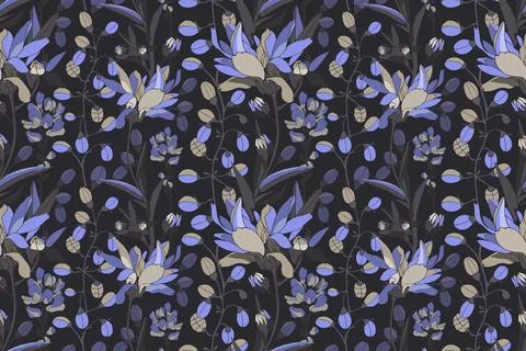 Vector floral seamless pattern. Blue flowers with dark gray leaves on an Stock Illustration
