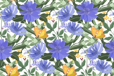 Vector floral seamless pattern. Blue chicory, yellow butterflies. Stock Illustration