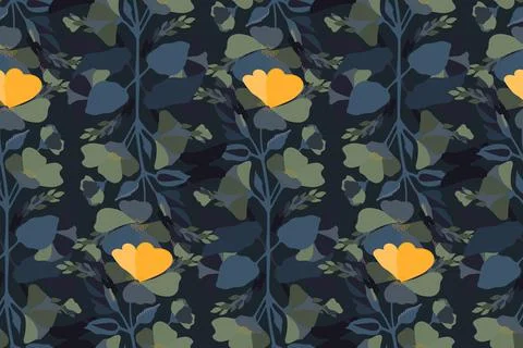 Vector floral seamless pattern. Blue, yellow and olive colored flowers and Stock Illustration