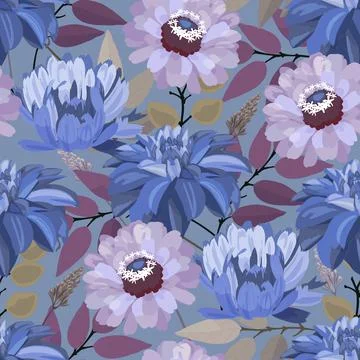 Vector floral seamless pattern. Blue and purple flowers isolated on a gray Stock Illustration