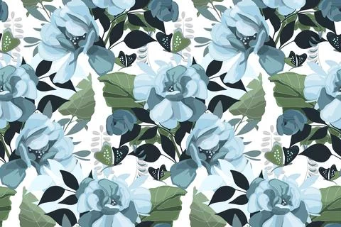 Vector floral seamless pattern. Blue flowers with green leaves and butterflies Stock Illustration