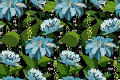 Vector floral seamless pattern. Blue flowers, green leaves Stock Illustration