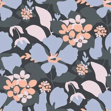 Vector floral seamless pattern. Blue, pink and beige flowers, blue leaves.... Stock Photos
