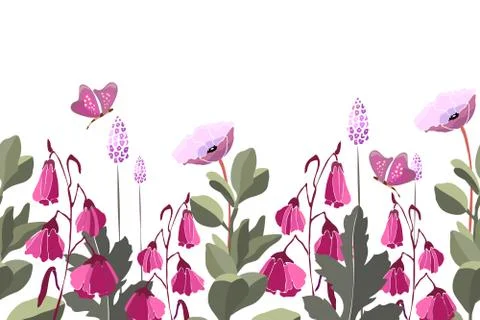 Vector floral seamless pattern, border. Summer background with pink flowers. Stock Illustration