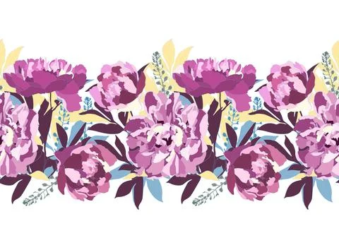 Vector floral seamless pattern, border. Purple peonies. Illustrazione stock