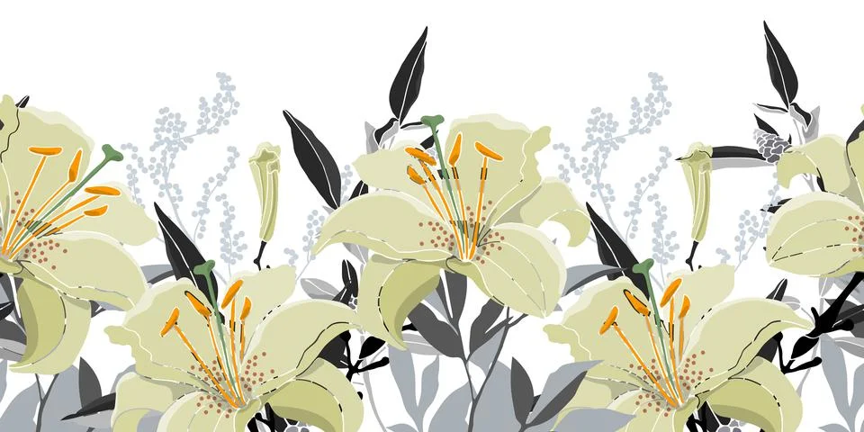 Vector floral seamless pattern, border. Beautiful design with lilies. Stock Illustration