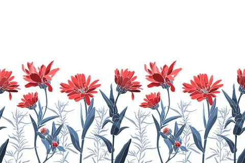 Vector floral seamless pattern, border. Red flowers, buds, blue leaves, herbs. Illustrazione stock