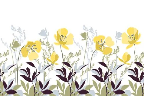 Vector floral seamless pattern, border. Beautiful yellow flowers and petals with Stock Illustration