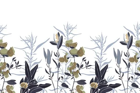 Vector floral seamless pattern, border. Flowers and herbs of gray, olive, bronze Stock Illustration