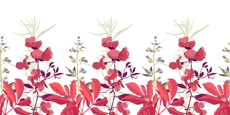 Vector floral seamless pattern, border. Horizontal panoramic design with coral Illustrazione stock