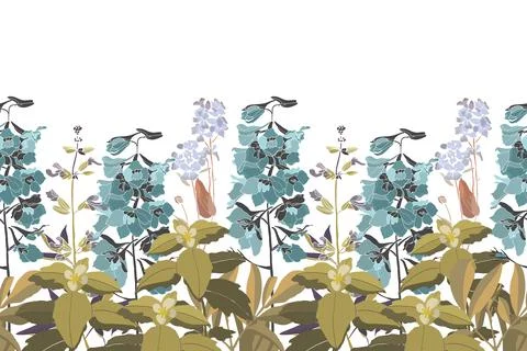 Vector floral seamless pattern, border. Blue-green delphinium flowers with olive Illustrazione stock