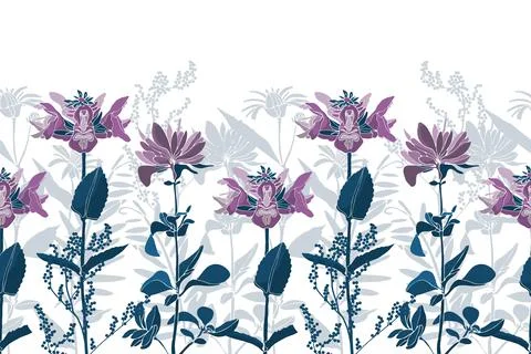 Vector floral seamless pattern, border. Violet flowers, marine colored twigs and Illustrazione stock