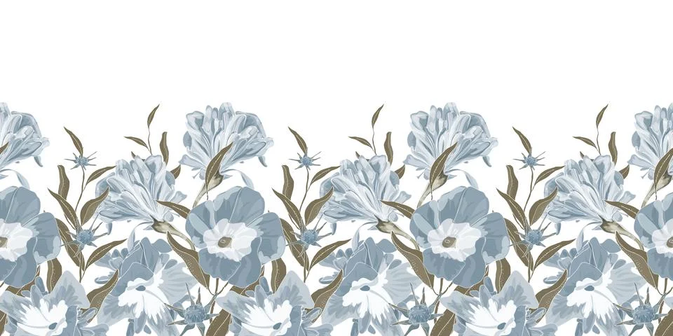 Vector floral seamless pattern, border. Blue flowers and petals of bindweed with Illustrazione stock