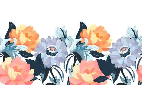 Vector floral seamless pattern, border. Horizontal panoramic design with orange 스톡 일러스트