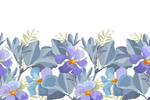 Vector floral seamless pattern, border. Horizontal panoramic design with blue 스톡 일러스트