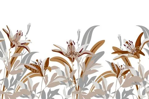 Vector floral seamless pattern, border. Horizontal panoramic design with gray Stock Illustration