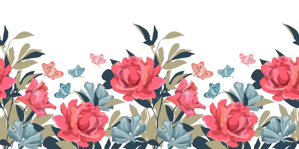 Vector floral seamless pattern, border. Roses, mallows, twigs with leaves Illustrazione stock