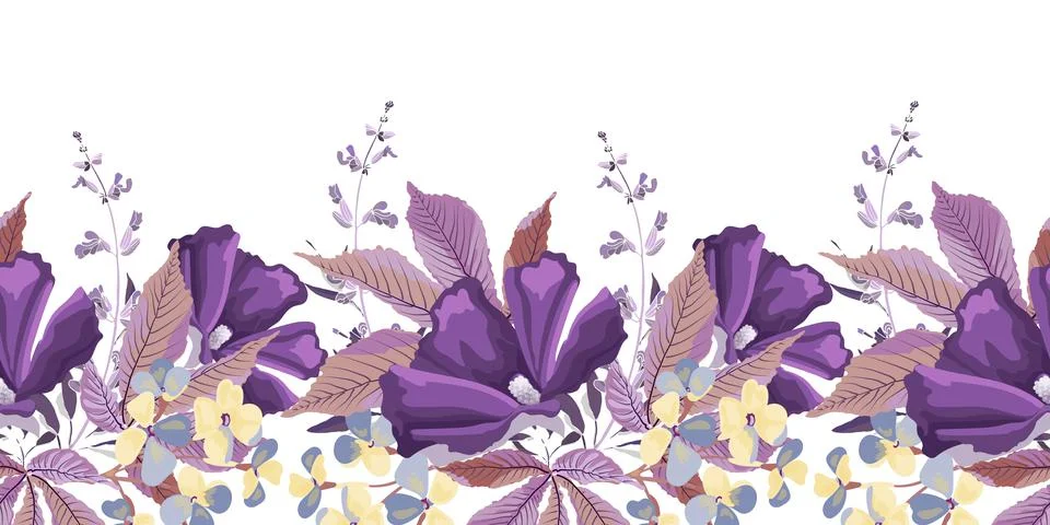 Vector floral seamless pattern, border. Purple, yellow flowers, sage, salvia Illustrazione stock