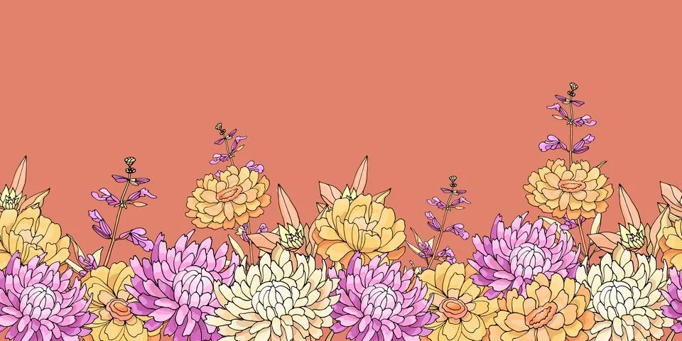 Vector floral seamless pattern, border. Pale yellow, purple aster, sage, golden Illustrazione stock