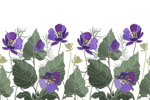 Vector floral seamless pattern, border. Horizontal panoramic design with purple Stock Illustration