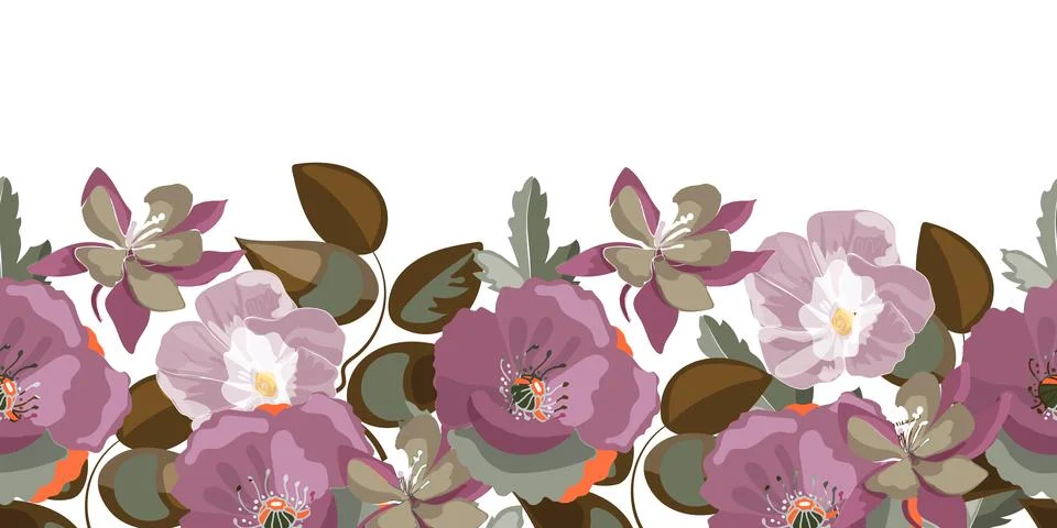 Vector floral seamless pattern, border. Purple poppies, Ipomoea 스톡 일러스트