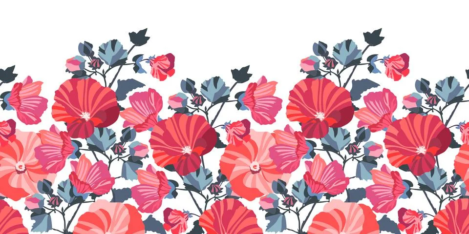 Vector floral seamless pattern, border. Red, pink mallow flowers. Stock Illustration
