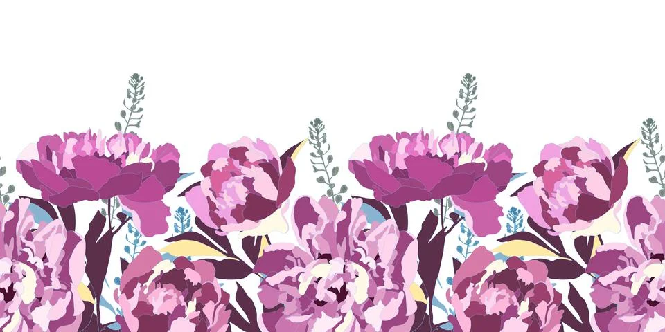 Vector floral seamless pattern, border. Purple peonies, blue, yellow, maroon Illustrazione stock
