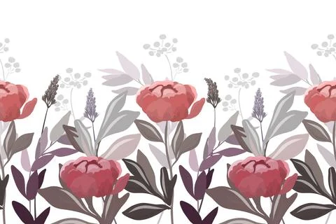 Vector floral seamless pattern, border. Horizontal panoramic image of red Illustrazione stock