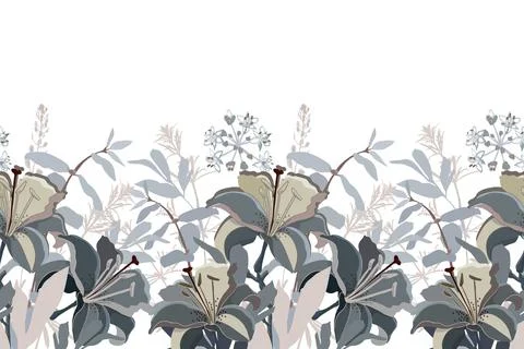 Vector floral seamless pattern, border. Horizontal panoramic design with lily Illustrazione stock