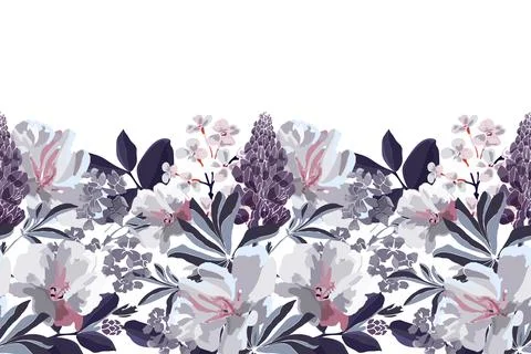 Vector floral seamless pattern, border. Horizontal panoramic design with flowers Stock Illustration