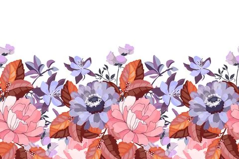 Vector floral seamless pattern, border. Horizontal panoramic design with lilac Illustrazione stock