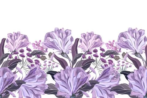 Vector floral seamless pattern, border. Horizontal panoramic design with purple Stock Illustration