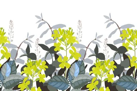 Vector floral seamless pattern, border. Horizontal panoramic design with yellow Illustrazione stock