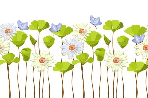 Vector floral seamless pattern, border. Horizontal panoramic design with daisies Illustrazione stock