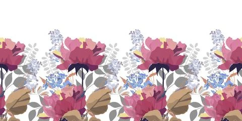 Vector floral seamless pattern, border. Horizontal panoramic illustration with Illustrazione stock