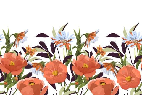 Vector floral seamless pattern, border. Horizontal panoramic illustration with Illustrazione stock
