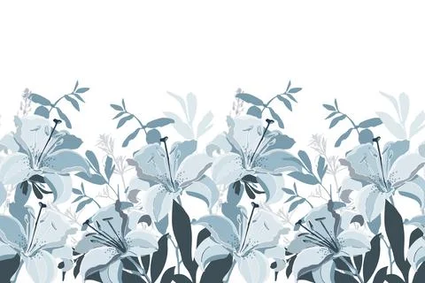 Vector floral seamless pattern, border. Horizontal panoramic design with blue Stock Illustration