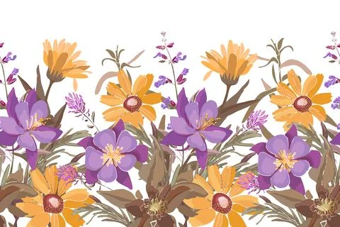Vector floral seamless pattern, border. Horizontal panoramic illustration with 스톡 일러스트