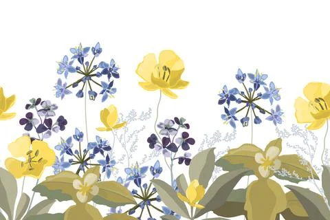 Vector floral seamless pattern, border with blue and yellow flowers. Illustrazione stock