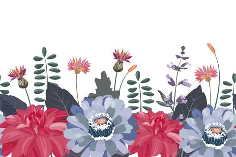 Vector floral seamless pattern, border. Zinnias, dahlias and cornflowers Stock Illustration