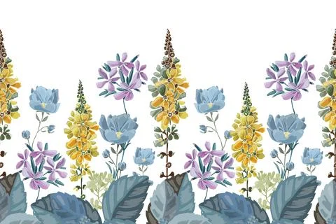 Vector floral seamless pattern, border. Blue and yellow flowers Illustrazione stock