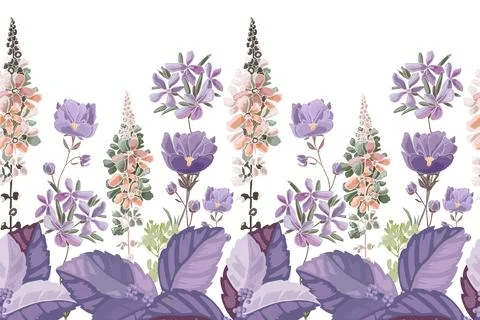 Vector floral seamless pattern, border. Lilac, violet, peach color flowers Illustrazione stock