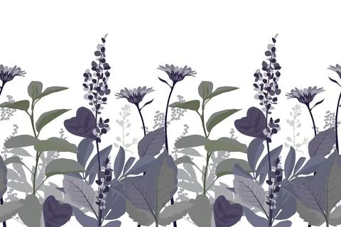 Vector floral seamless pattern, border. Horizontal panoramic design with purple 스톡 일러스트